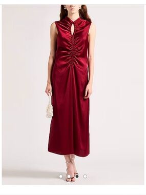 Sandro Red Burgundy Ruched Midi Dress Sleeveless Satin Effect EU 38 US 6